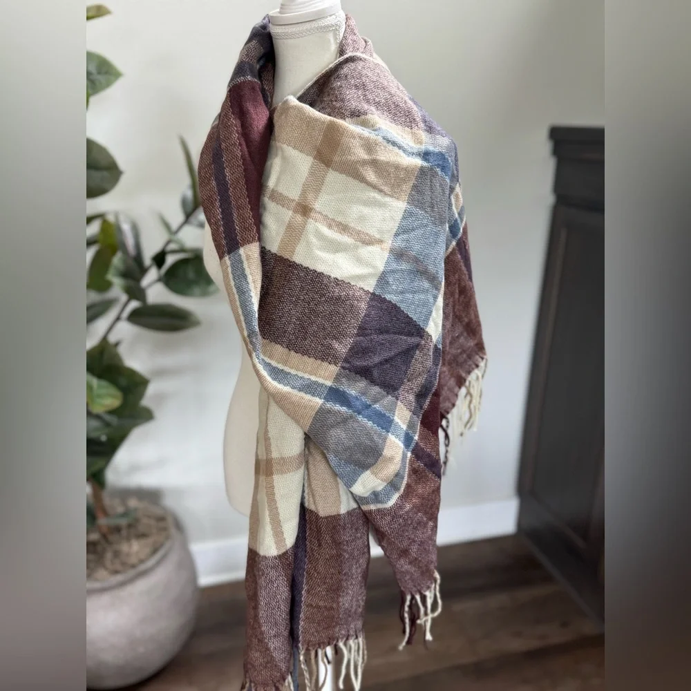 Plaid Fringe Scarf in Cream and Brown Maroon